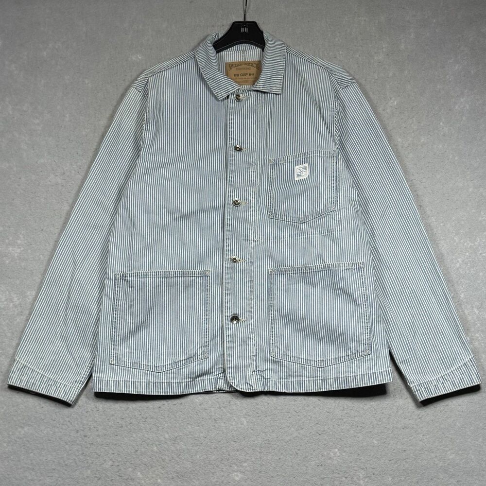 Gap Work Force Hickory Stripe Railroad Chore Jacket L Blue White 100% Cotton
